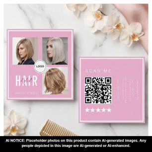 Carte De Visite Carré Coiffeur aux Cheveux Roses Collage Photo Code QR É