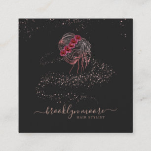 Carte De Visite Carré Coiffeur floral de logo d'or rose   élégant