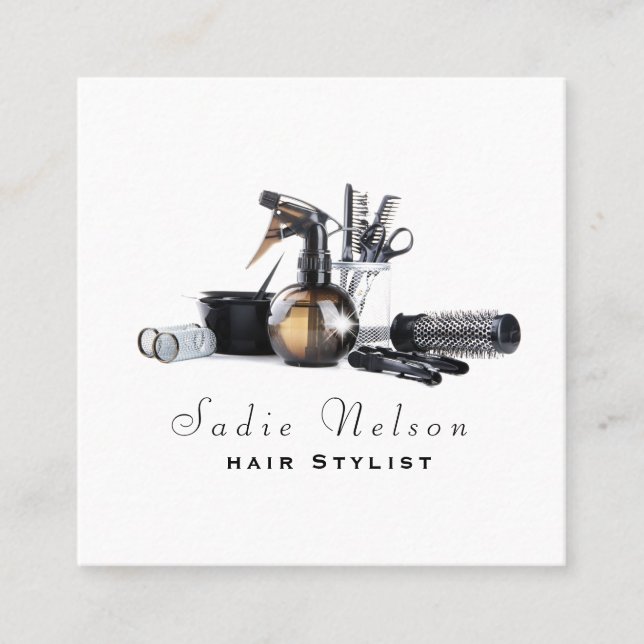 Carte De Visite Carré Coiffeuse Salon Outils Beauté (Devant)