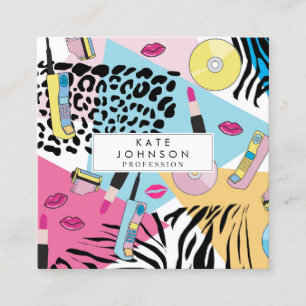 Carte De Visite Carré Colorful Retro 1990s Nineties QR Code Médias socia