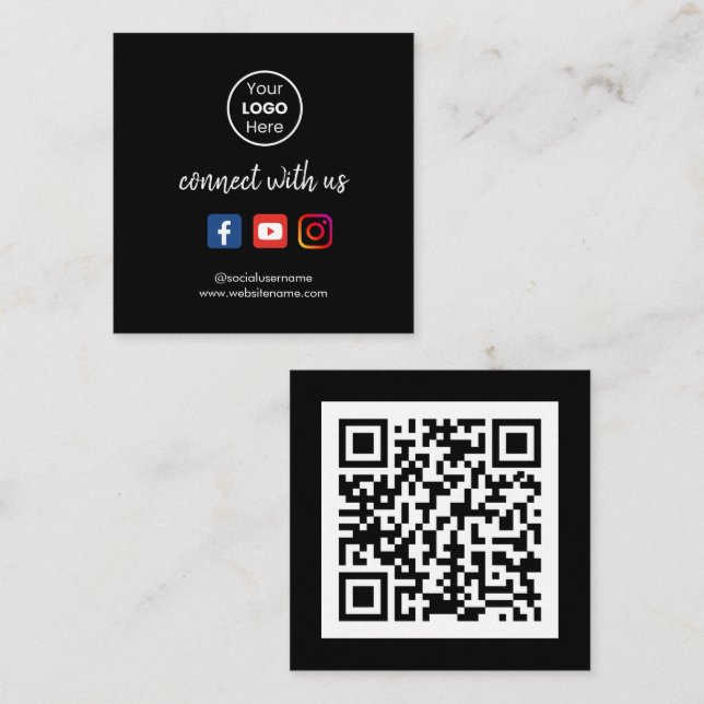 Carte De Visite Carré Connect with | Média social QR Code noir (Devant / Derrière)