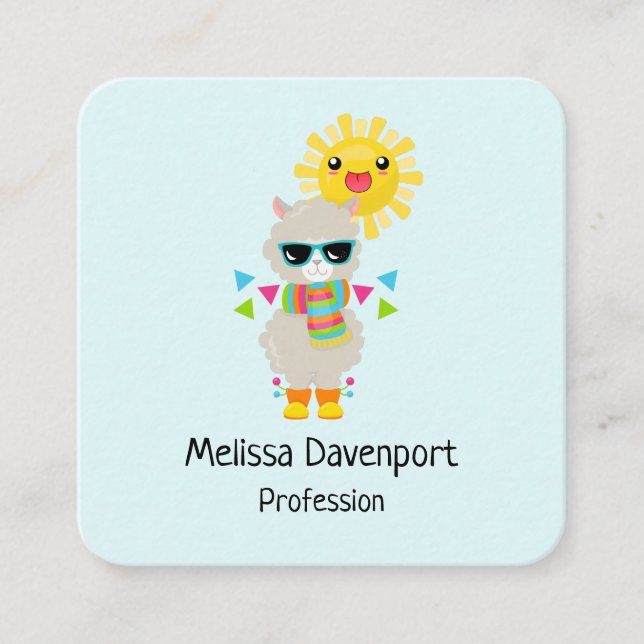 Carte De Visite Carré Cool Llama et souriant Kawaii Sun (Devant)