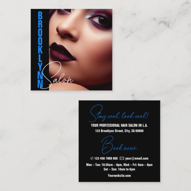 Carte De Visite Carré Cool moderne Photo Modèle lumière bleu Slogan (Devant / Derrière)