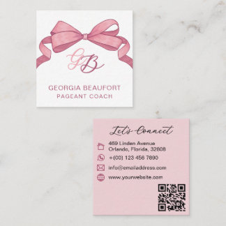 Carte De Visite Carré Coquette Pink Bow Monogram Beauty QR Code