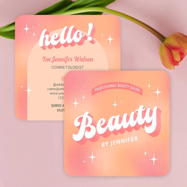 Carte De Visite Carré Cosmetologue tendance Lashes Retro Girly Beauty (Trendy retro beauty salon business cards featuring groovy fonts and girly peach color scheme)