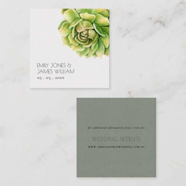 CARTE DE VISITE CARRÉ COULEUR D'EAU VERTE VIBRANT SUCCULENT MARIAGE (Devant / Derrière)