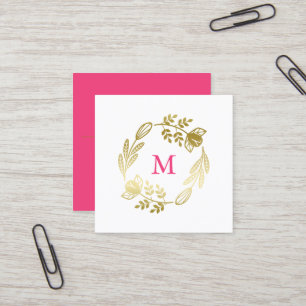 Carte De Visite Carré Couronne Florale dorée et monogramme rose
