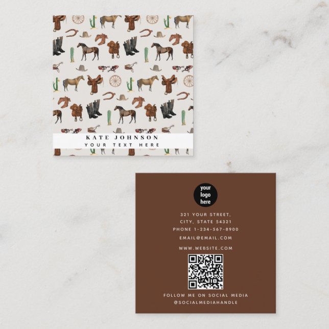 Carte De Visite Carré Cowboy Cowgirl Western Rodeo Pays QR Code (Devant / Derrière)