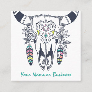Carte De Visite Carré Crâne de vache Boho avec turquoise Bohemian