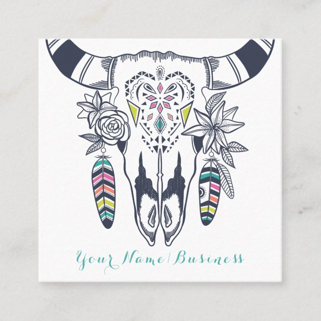 Carte De Visite Carré Crâne de vache Boho avec turquoise Bohemian (Devant)