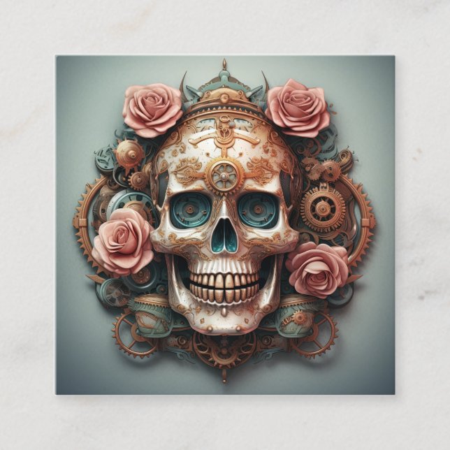 Carte De Visite Carré Crâne Steampunk avec Fleurs Arrière - plan (Devant)