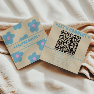 Carte De Visite Carré Crème Rétro Bleu Code QR Groovy Floral Fun Boho