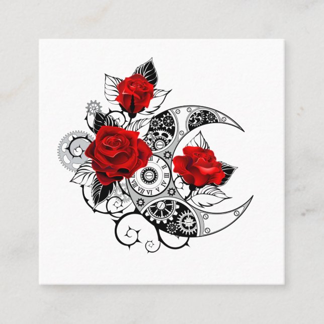 Carte De Visite Carré Croissant mécanique avec roses rouges (Devant)