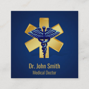 Carte De Visite Carré Croix d'or bleu Médicale 3D Caduceus