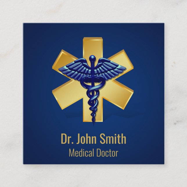 Carte De Visite Carré Croix d'or bleu Médicale 3D Caduceus (Devant)