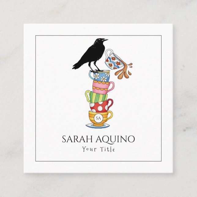 Carte De Visite Carré Crow et tasses de thé Whimsical (Devant)