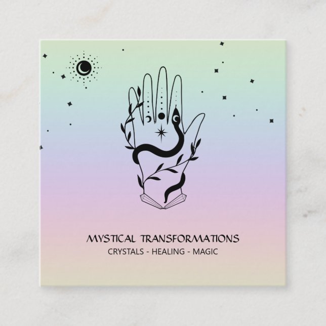 Carte De Visite Carré *~* Crystals Hand    SnakeMoon Magic Boho Rainbow (Devant)