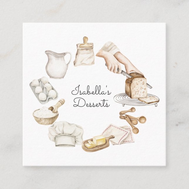 Carte De Visite Carré Cuisine à l'aquarelle du chef pâtissier Baker Ingr (Devant)