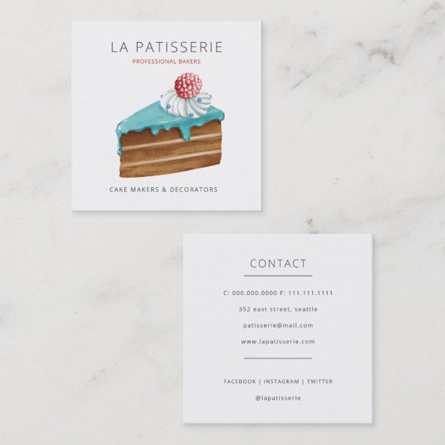 Carte De Visite Carré Cuisine moderne Bleu Cheesecake Boulangerie Chef p (Devant / Derrière)