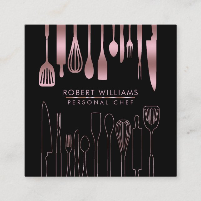 Carte De Visite Carré Cuisine Rose Gold Chef Outils Parties scintillant  (Devant)