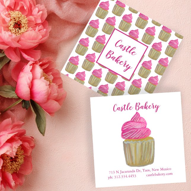 Carte De Visite Carré CUPCAKE CUPCAKE boulangerie moderne Pâtisserie Che (CUTE CUPCAKE Modern Bakery Pastry Chef Cake Pink Square Business Card
)
