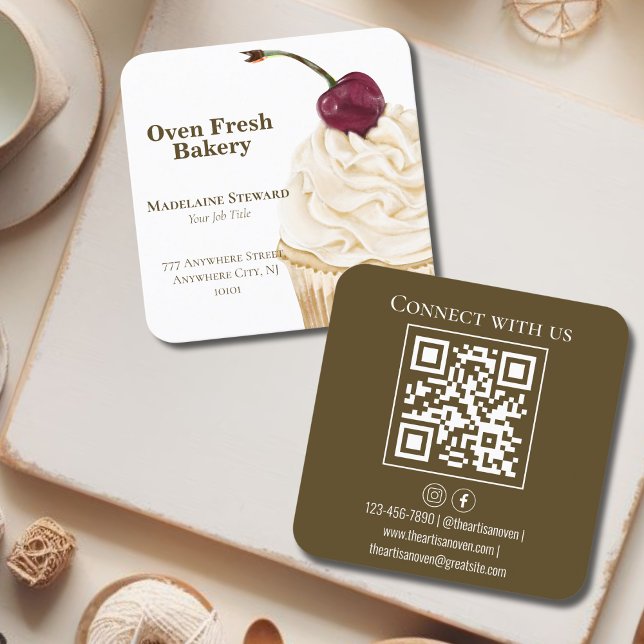 Carte De Visite Carré Cupcake QR Code Boulangerie verte d'olive (Créateur téléchargé)