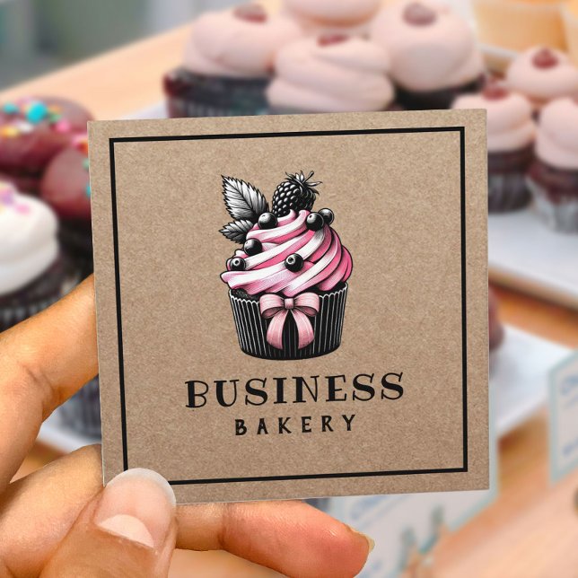 Carte De Visite Carré Cupcake sucré gâteau artisanal Rustique Kraft boul (Créateur téléchargé)