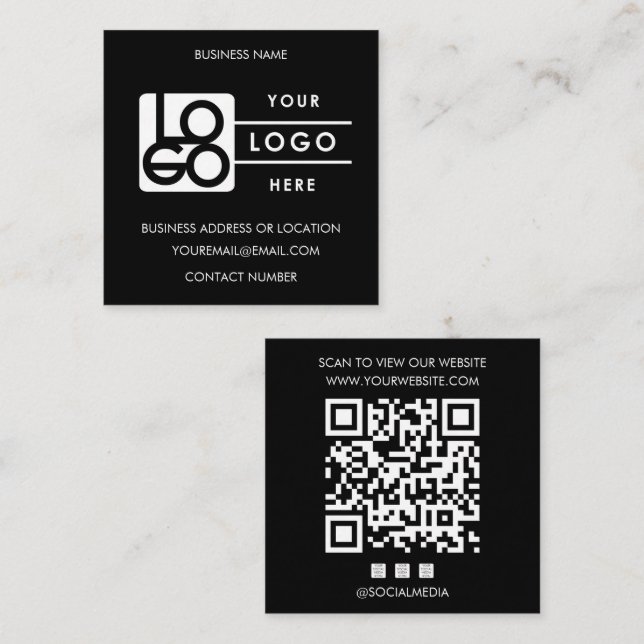 Carte De Visite Carré Custom Logo Black QR Code Website Social Media (Devant / Derrière)
