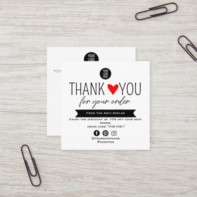 Carte De Visite Carré Custom Thank You package insert With Logo & Offer (Devant/Arrière en situation)