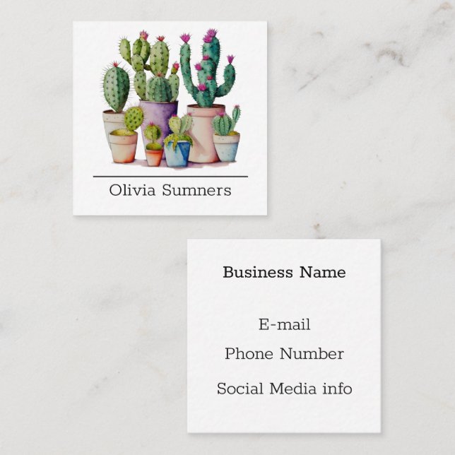 Carte De Visite Carré Cute aquarelle cactus succulents dans les pots (Devant / Derrière)