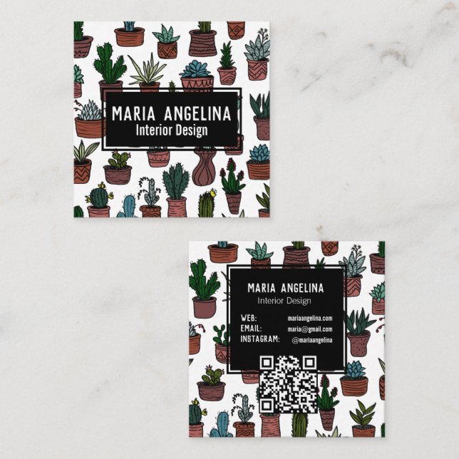 Carte De Visite Carré Cute Cactus Succulents Boho Doodle QR Code PERSONN (Devant / Derrière)