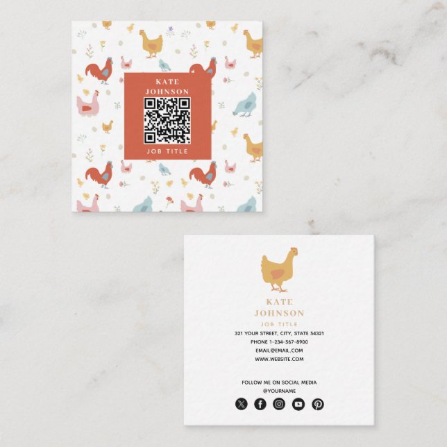 Carte De Visite Carré Cute Chickens Hens and Baby Chicks (Devant / Derrière)