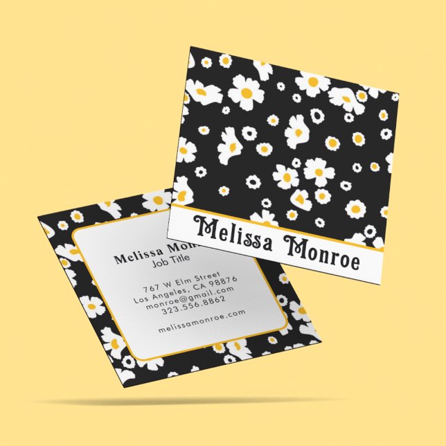 Carte De Visite Carré Cute Clean Simple Fleurs Jaunes et Blanches Noir (Créateur téléchargé)
