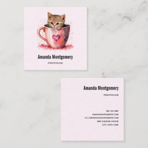 Carte De Visite Carré Cute Kitten dans un Teacup avec les coeurs