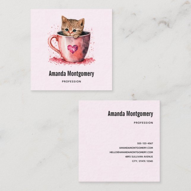 Carte De Visite Carré Cute Kitten dans un Teacup avec les coeurs (Devant / Derrière)