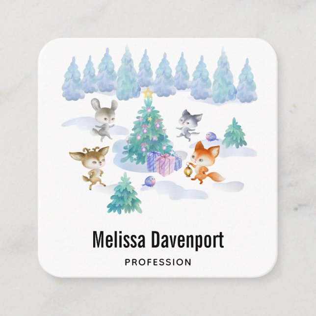 Carte De Visite Carré Danse Animaux de forêt Noël Aquarelle (Devant)