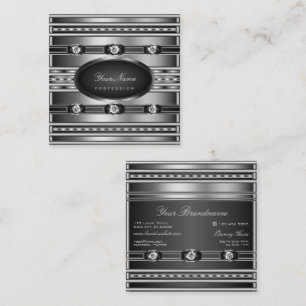 Carte De Visite Carré Décoration Luxueuse Argent Noir avec Diamants