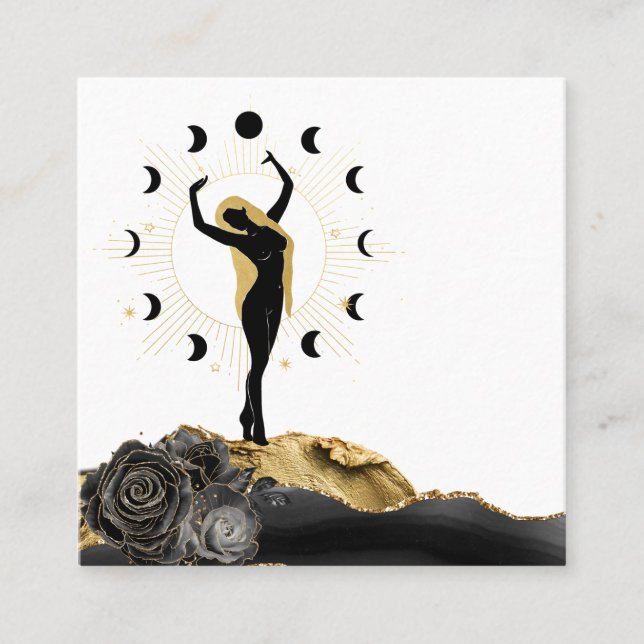 Carte De Visite Carré *~* Déesse Black Gold Hair Moon Phases Sun (Devant)