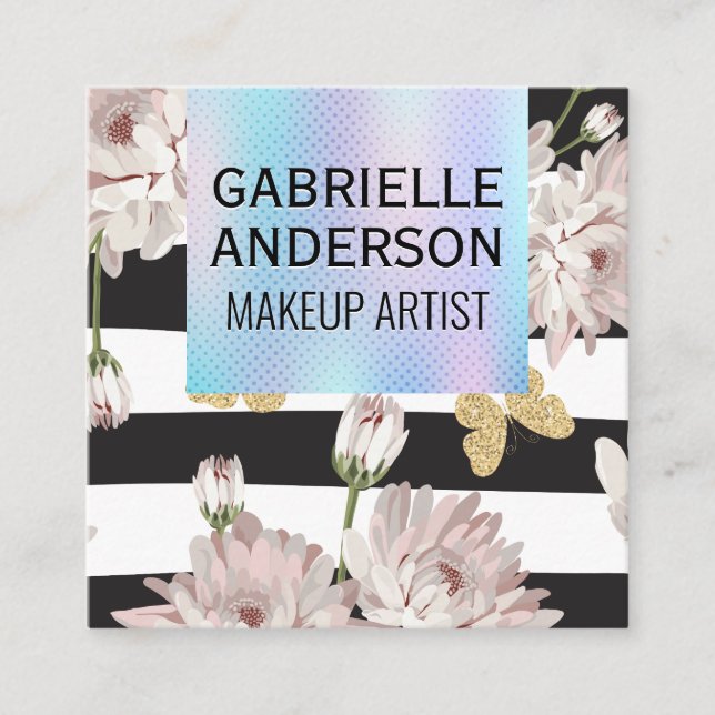 Carte De Visite Carré Dégradé holographique | Fleurs et papillons (Devant)