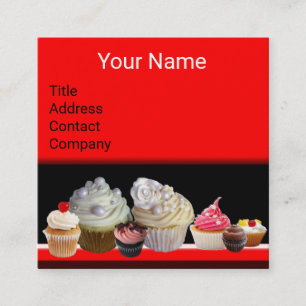 Carte De Visite Carré DÉLICIEUX CUPCAKES DESERT SHOP Black Red Bakery