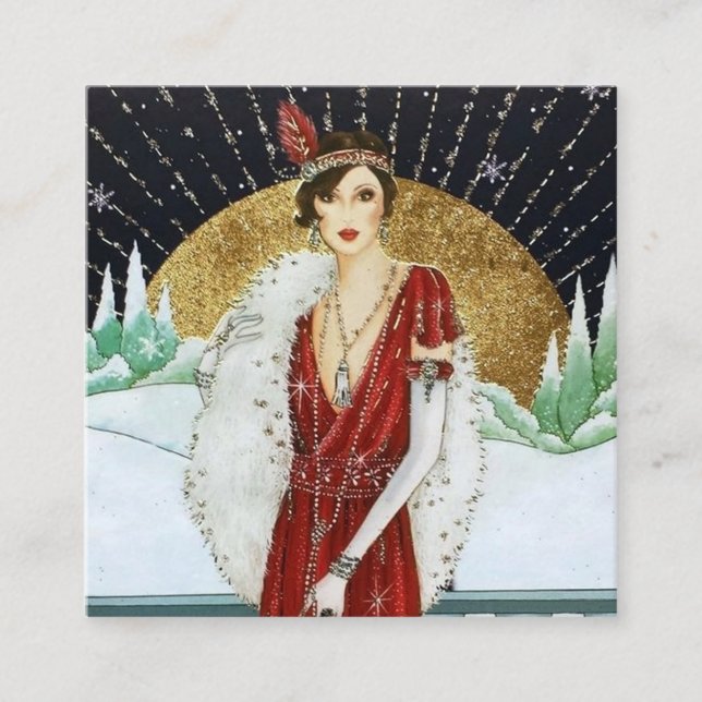 Carte De Visite Carré demoiselle de Noël rétro art déco (Devant)