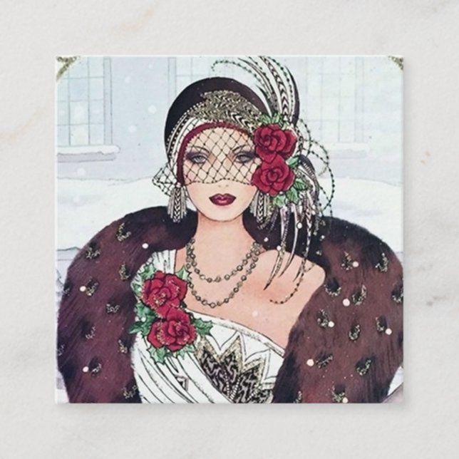 Carte De Visite Carré demoiselle de Noël rétro art déco (Devant)