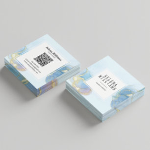 Carte De Visite Carré Design Carré Elégant bleu aquarelle avec code QR
