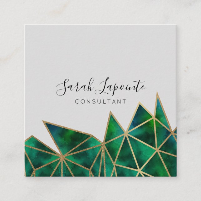 Carte De Visite Carré Design géométrique tendance Faux Gold & Emerald Gr (Devant)