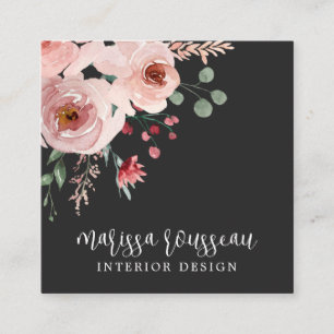Carte De Visite Carré Designer d'intérieur rose Floral Boho noir