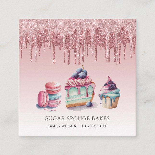 Carte De Visite Carré Desserts Pâtisserie Chef Baker Rose Parties scinti (Devant)