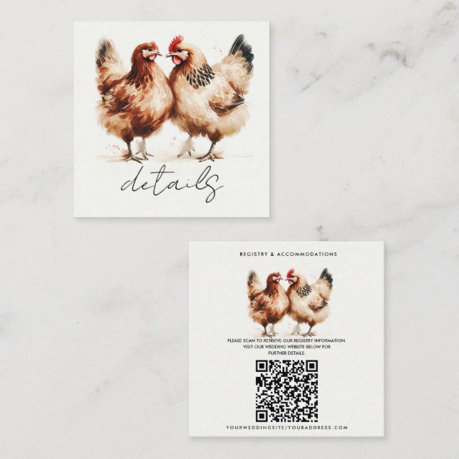 Carte De Visite Carré Détails du Mariage d'aquarelle de poulet Brown (Devant / Derrière)