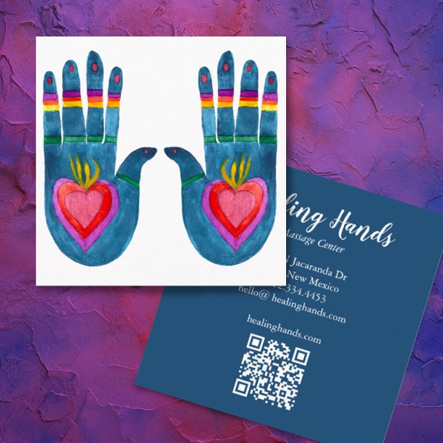 Carte De Visite Carré Deux mains de guérison aquarelle Boho QR Code (Colorful rainbow watercolor hands custom business card with QR code)