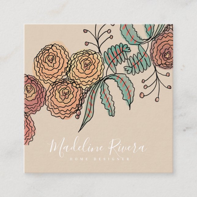 Carte De Visite Carré Doodle Florals Wreath Sprigs Design de verdure (Devant)