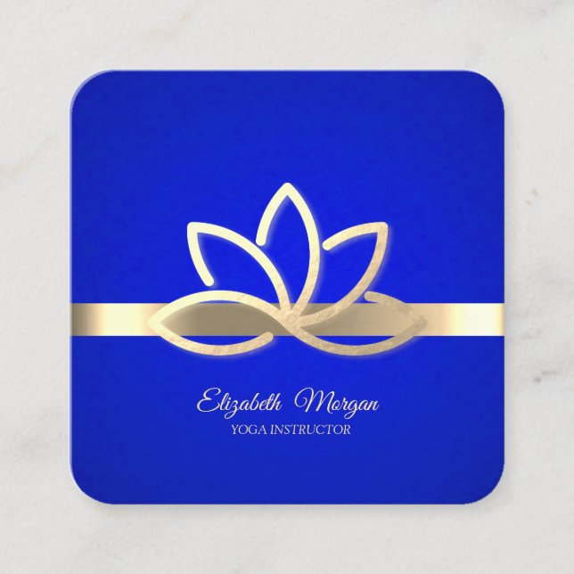 Carte De Visite Carré Doré moderne, Or Lotus Royal Blue (Devant)